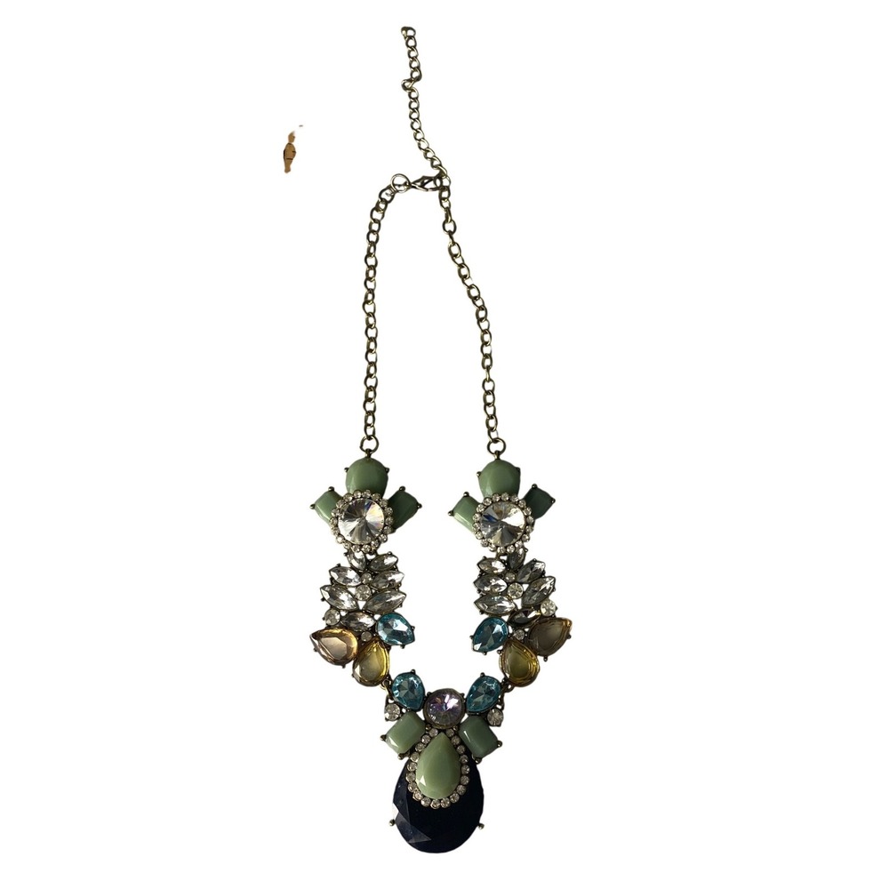 Statement Bib Necklace Green Blue Gold Tone Crystal Cluster Teardrop Adjustable